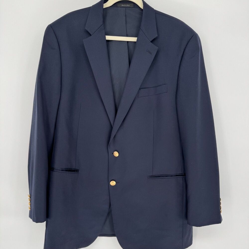 Ralph Lauren LRL Navy Gold Button Wool Blazer Mens 44L Sport Coat Jacket Classic